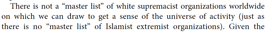 There is not a master list of white supremacist organizations worldwide on which we can draw to get a sense of the universe of activity (just as there is no "master list" of Islamist extremist organizations).